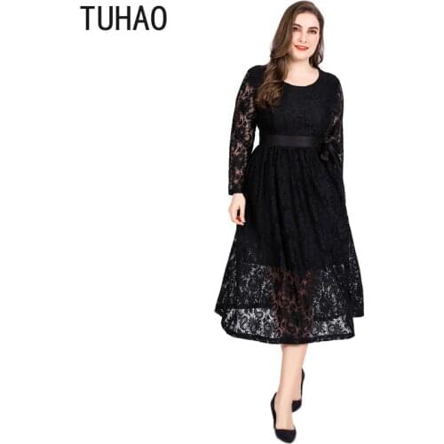 TUHAO Mother Wedding Evening Party Midi Dress Plus Size 6XL 4XL 3XL Elegant Party Woman Black Dresses Hollow Lace Dress Hollow