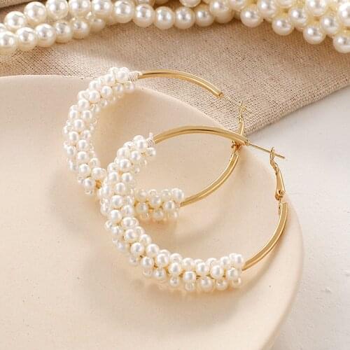AENSOA 2020 New Vintage Oversize Pearl Hoop Earrings For Women Girls Japan Korean Big Earrings Circle Earring Fashion Jewelry