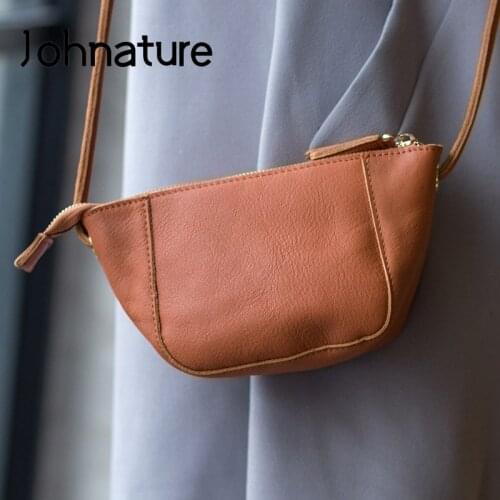Johnature Ladies Mini Bags 2021 New Genuine Leather Tassel Women Shoulder Bags Nature Cowhide Casual Versatile Mobile Phone Bag