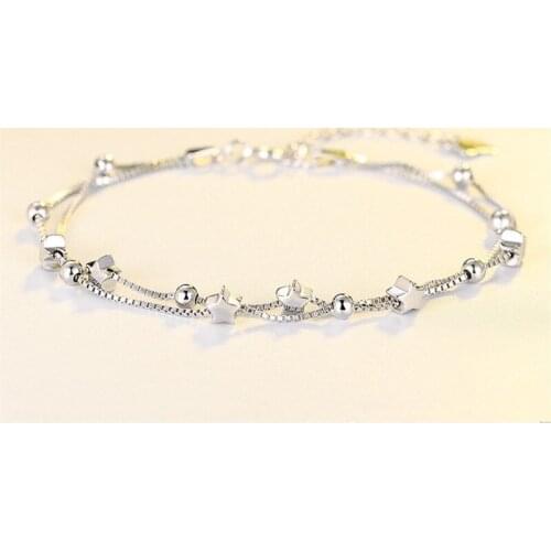 Fashion Women 925 Sterling Silver Star Bracelet Silver Beads Double Layer Little Star Romantic Bracelets Box Chain