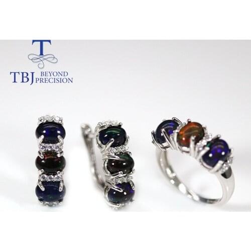 TBJ oval 5*7mm Black opal jewelry set colorful natural Ethiopia Opal Clasp earring ring pendant925 sterling silver jewelry