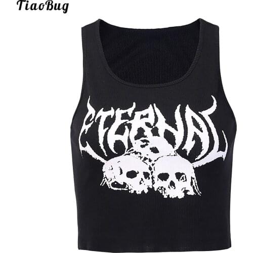 Gothic Women Summer Letters And Skeleton Print Vest U Neck Sleeveless Cropped Top Crochet Vest For Sport Running Yoga Fitness