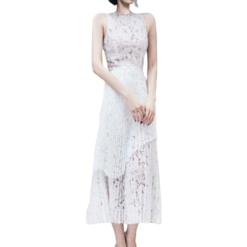 White lace maxi A line Dress one piece korean ladies Summer Sleeveless crew neck cabaret party robe Dresses for women