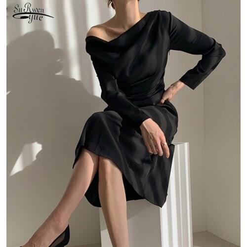 2021 Long Sleeve Office Ladies Long Dresses Vestidos Slash Neck Black White Party Dress Female Spring Summer Dress Women 13067