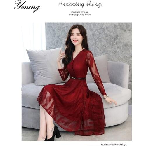YMING Womens Spring Lace Dress V-Neck Long Sleeve Temperament Long Dress Slim Fit Dresses Womens Daily Look