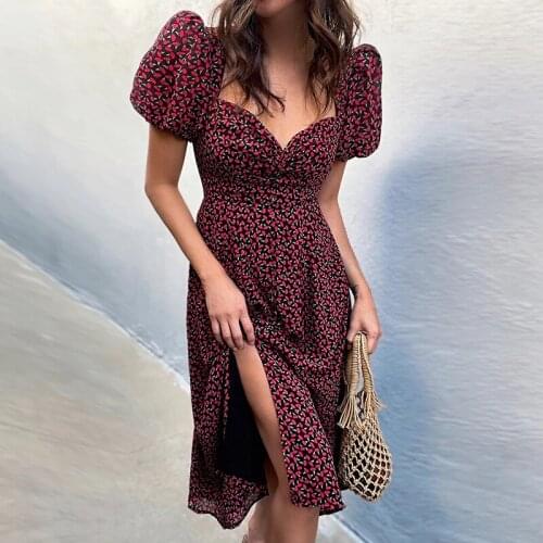 Summer Dress Women Short Puff Sleeve Flroal Printed Ruched Party High Split Long Maxi Dresses Vintage Sexy Vestidos Sundress