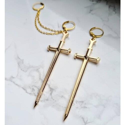 Golden Ear Cuff Chain Swords Earrings - Cuff Earrings - Gothic Earrings - Handmade Unique Earrings