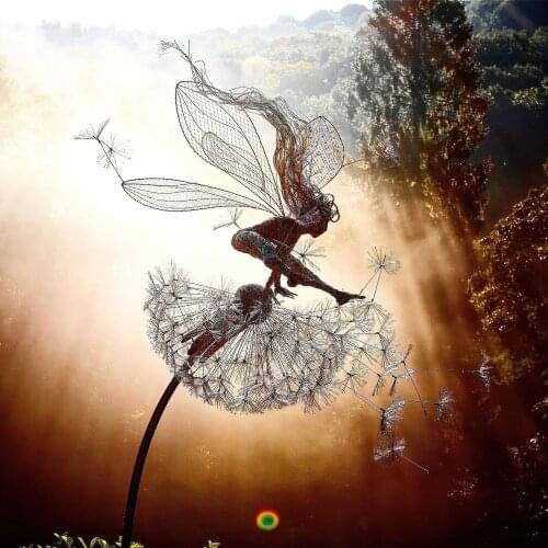 3D Garden Fairy Decoration Stake Fairy Playing The Dandelion Metal Art Elf Silhouette Ornament for Outdoor Plant Accessories