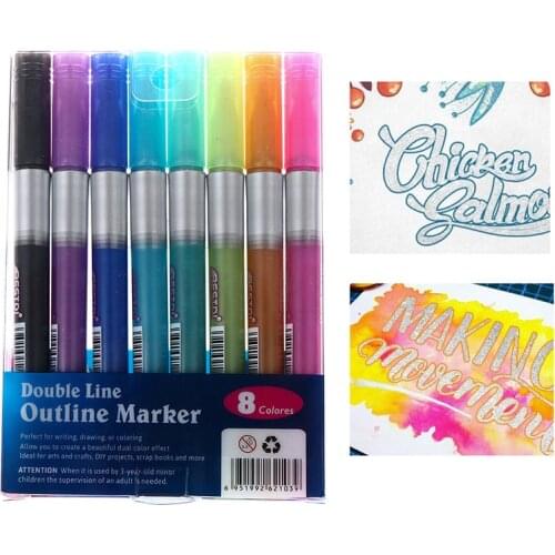 8pc New Color Card Writing Drawing Double Line Outline Pen Highlighter Marker Pens