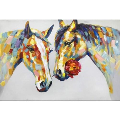 Abstract art horse oil painting couple horses with roses Hand painted canvas artwork colorful animal picture for wall decoration