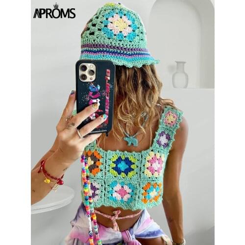 Aproms Elegant Multi Color Handmade Crochet Tank Tops Women Summer Casual Square Neck Flower Camis High Fashion Cropped Top 2021