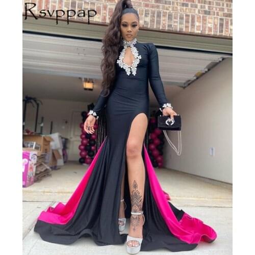 Black/Fuchsia Mermaid Long Prom Dresses 2021 New Beaded High Neck Long Sleeve Sexy High Slit African Style Prom Dress Party Gown