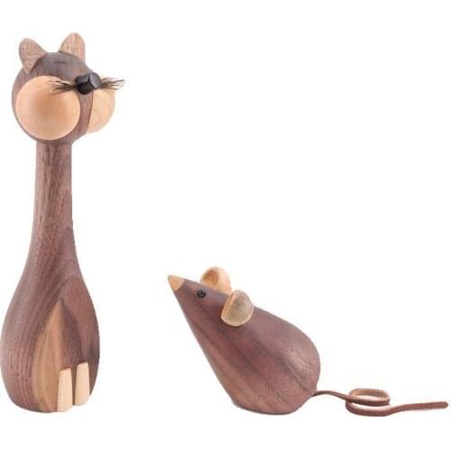 Wooden Animals Ornaments Nordic Danish Style Doll Cat Mouse Room Ornaments For Furniture Statues Sculptures Desk Decorative Cute
