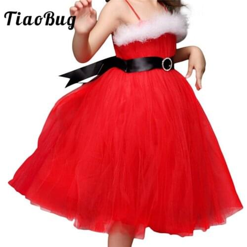 TiaoBug Children Girls Red Spaghetti Straps Braces Tulle Christmas Costume Kids Toddler Santa Claus Cosplay Party Princess Dress