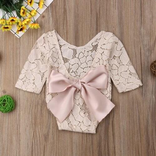 Newborn Baby Girl Jumpsuit Photography Props Backless Hollow Lace Bowknot Lace Romper