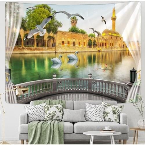 Imitation Window Landscape Tapestry Wall Hanging Tropical Tree Seaside Art Bohemian Hippie Dormitory Home Decor