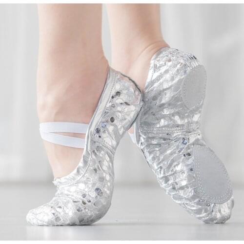 USHINE quality golden silver PU yoga belly dance shoes performance soft sole gym ballet dance shoes children girls woman