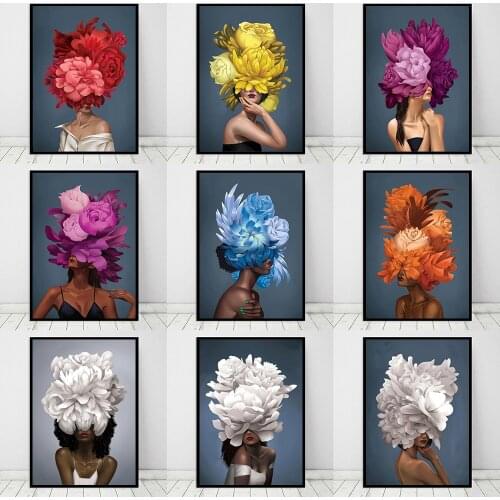 Nordic Flowers Head Woman Canvas Paintings Posters and Prints Cuadro Wall Art Pictures for Living Room Decor