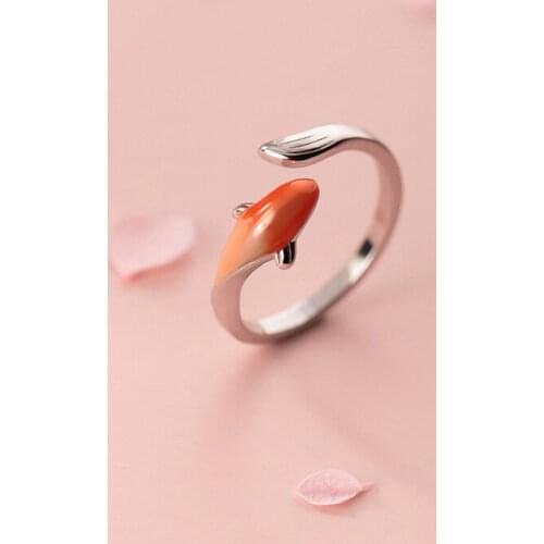 925 Sterling Silver Orange Gradient Koi Fish Adjustable Female Ring Fine Jewelry For Woman Accessories Cute Gift