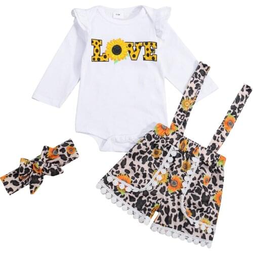 Baby Girl Clothes Set Infant Toddler Girl Letter Romper+Leopard Floral Suspender Shorts+Headdress 3PCS Spring Autumn sets Outfit