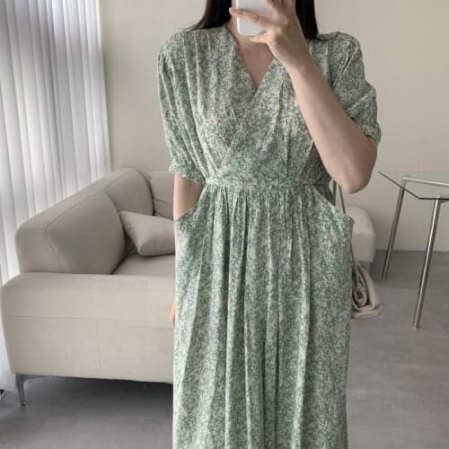 Korean One-Piece Fashion WomenS Long Dresses 2021 Summer New Elegant V Neck Floral Print Chiffon Office Ladies Casual Dresses