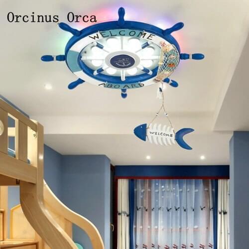 Creative Mediterranean Bluetooth music ceiling lamp boy bedroom childrens room lamp cartoon blue boat rudder ceiling lamp