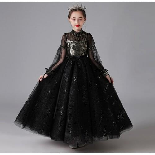 Flower Girl Dresses Illusion Love Crystal High Full Princess Floor-Length Tulle Lace Luxury Black Elegant Kids Party Gown H634