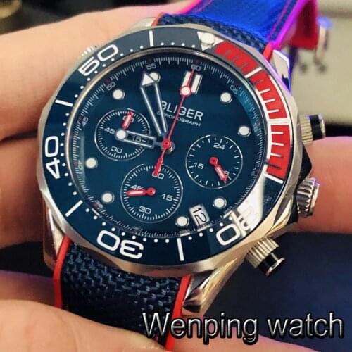 Bliger new 41mm mens top luxury quartz watch sapphire glass blue dial date rubber strap chronograph quartz mens watch