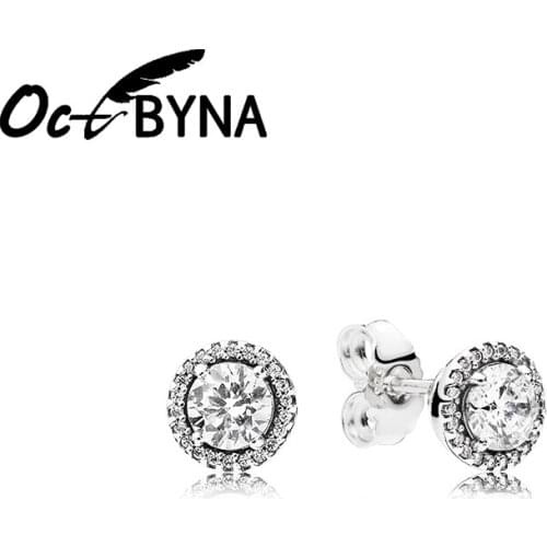 Octbyna Popular Simple Female Earrings Rhinestone Crystal Round Metal Silver Color Zircon Brand Stud Earrings Party Jewelry