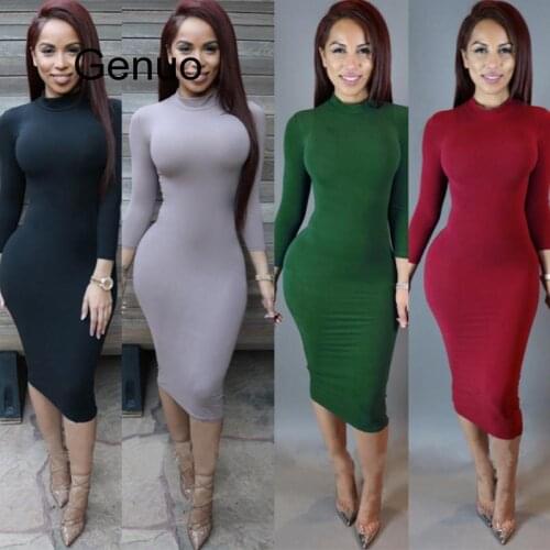 Sexy Nightclub Dress Women Solid Turtleneck Stretch Long Sleeve Bodycon Dresses Lady Tight Hip Package Pencil Dress Vestidos