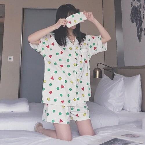 Women Pajama Set Kpop Harajuku Cartoon Printed Pyjamas Korean Japanese Kawaii Pijama Mujer Cotton Short Sleeve Sleeepwear