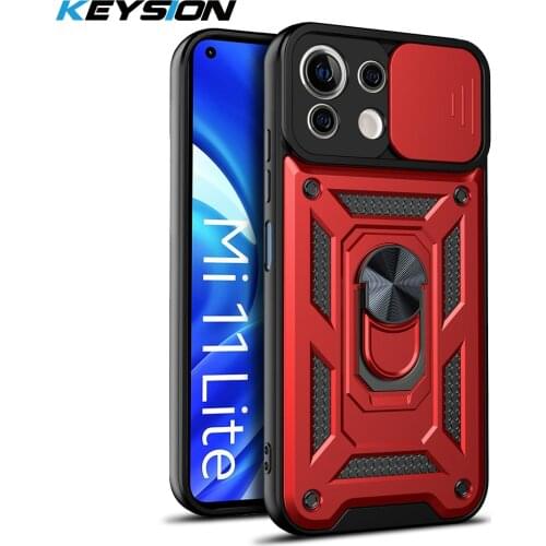 KEYSION Shockproof Case for Xiaomi Mi 11 Lite 5G 11i 11X Pro Ring Stand Push Pull Camera Protection Phone Cover for POCO M3 Pro