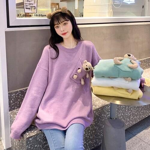 Womens Winter Sweaters Cartoon Pocket Bear Japanese Fashion Knitted Pullover Plus size Kawaii girls Tops 2020 Wholesale Dropship