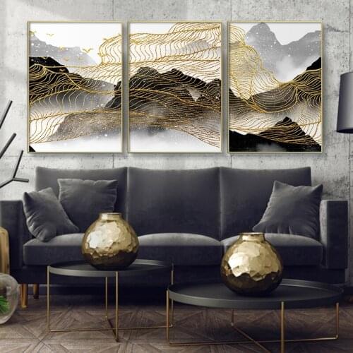 Luxury Golden Lines Abstract Ink Landscape Poster Mountain Canvas Painting Print Wall Art Pictures for Living Room Home Decor