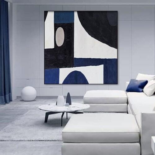 Hand-painted Oil Painting Abstract Geometric Color Block Blue Canvas Painting Home Decoration Art Painting Room Decoration