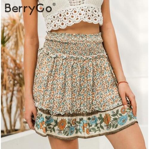BerryGo Smocking elastic high waist short skirts women Bohemian floral print skirts female Casual beach wear summer skirts 2020