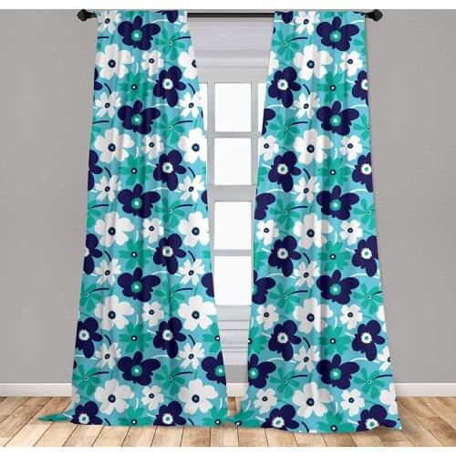 Aqua Curtains Spring Flowers on Blue Backdrop Style Nature Inspired Simplistic Blooms Window Drapes for Living Room Bedroom