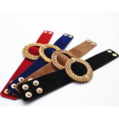 Statement Rattan Circle Ethnic Trendy Blue Red Wide Leather Bracelets Women Fashion Girl Cuff Bangle Female Jewelry geometric