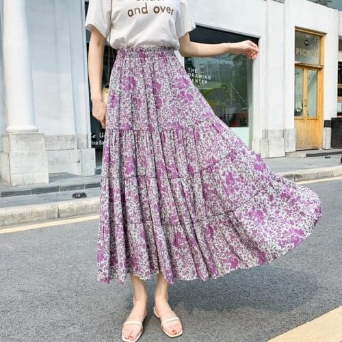 Spring Summer Retro Chiffon Floral Cakee Long Skirts Casual Elastic Waist Patchwork A-line Ankle Length Flowers Skirts