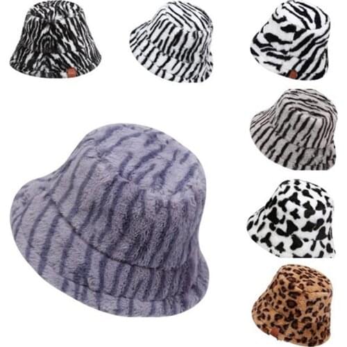 Winter Cow Leopard Print Faux Fur Plush Bucket Hats For Women Outdoor Warm Hat Soft Velvet Fisherman Cap Lady Fashion Panama