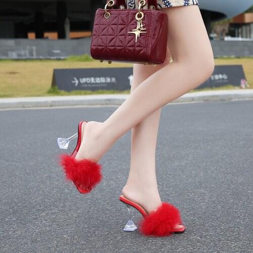 Fox Furry Fluffy Women Fur High Heels Slippers Summer Outdoor Sandals Plush Designer Woman Amazing Shoes Mules Crystal Big Size