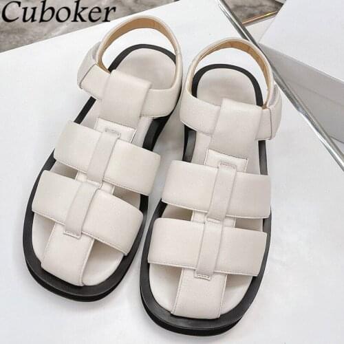 2021 Fashion Brand Women Sandals Round Toe Thick Platform Genuine Leather Runway Vacation Beach Gladiator Shoes For Women Mujer