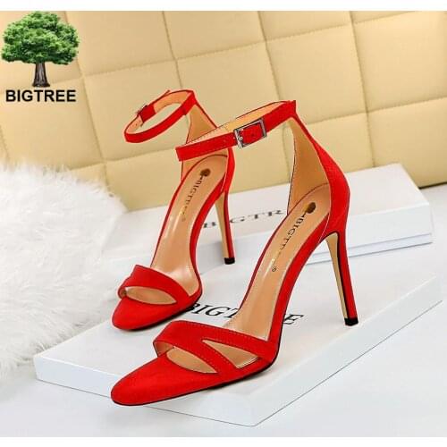Bigtree New Fashion Sexy Design Women Narrow Band Buckle Thin High Heels Black Faux Suede Open Toe Dress Sandals Shoe 35-40