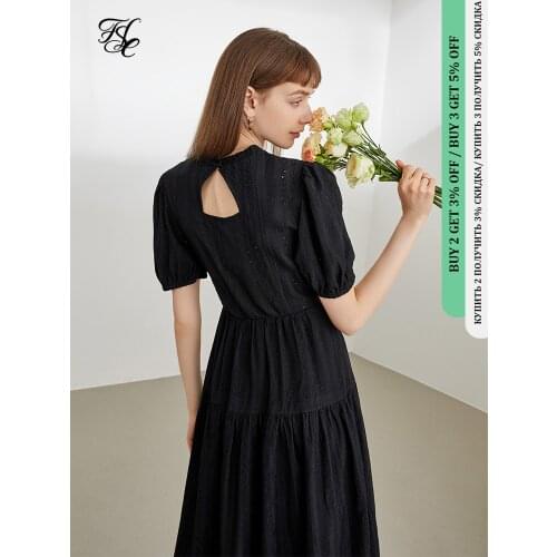 FANSILANEN Office Lady Lace Temperament Waist Dress 2021 Summer New Slim Simple Casual Round Neck Black Long Women Dress