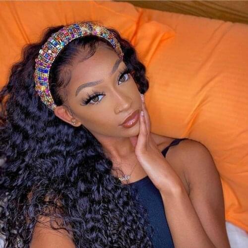 250% Density Deep Curly Headband Scarf Wig 100% Human Hair Wigs Glueless Brazilian Human Virgin Hair Machine Made Wig For Women