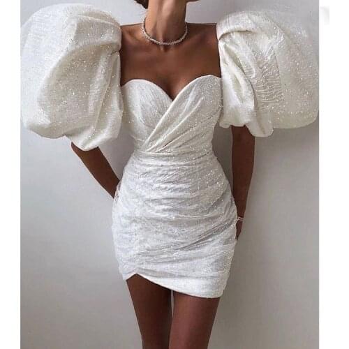 Sparkle White Evening Dresses Short Puff Sleeves Mini Prom Gowns Elegant Night Party Dress For Women Formal 2021 robes de soirée