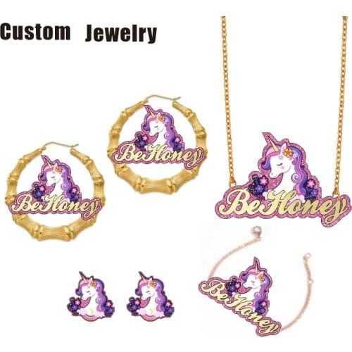 Be Honey Personalised Custom Name Character Unicorn Necklace Kids Bamboo Earrings Cartoon Bracelet Children Jewelry Set