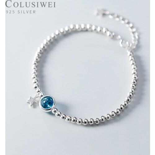Colusiwei Genuine 925 Sterling Silver Blue Crystal Star Beads Strand Bracelet Bangle for Women Link Chain Fine Jewelry Girl Gift