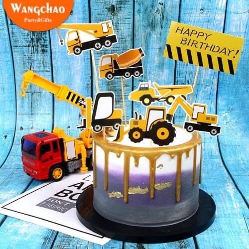 Childrens Construction Vehicle Excavator Bulldozer Sign Cake Topper Kids Birthday Baby Shower Cake Decorations Suppliies