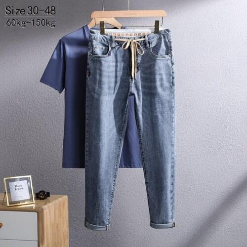 Spring Autumn Clothing Man Jeans Scratched Wear Slim Trousers Cotton Stretchy Vintage Denim Men Ankle pants Oversize 40 42 44 46